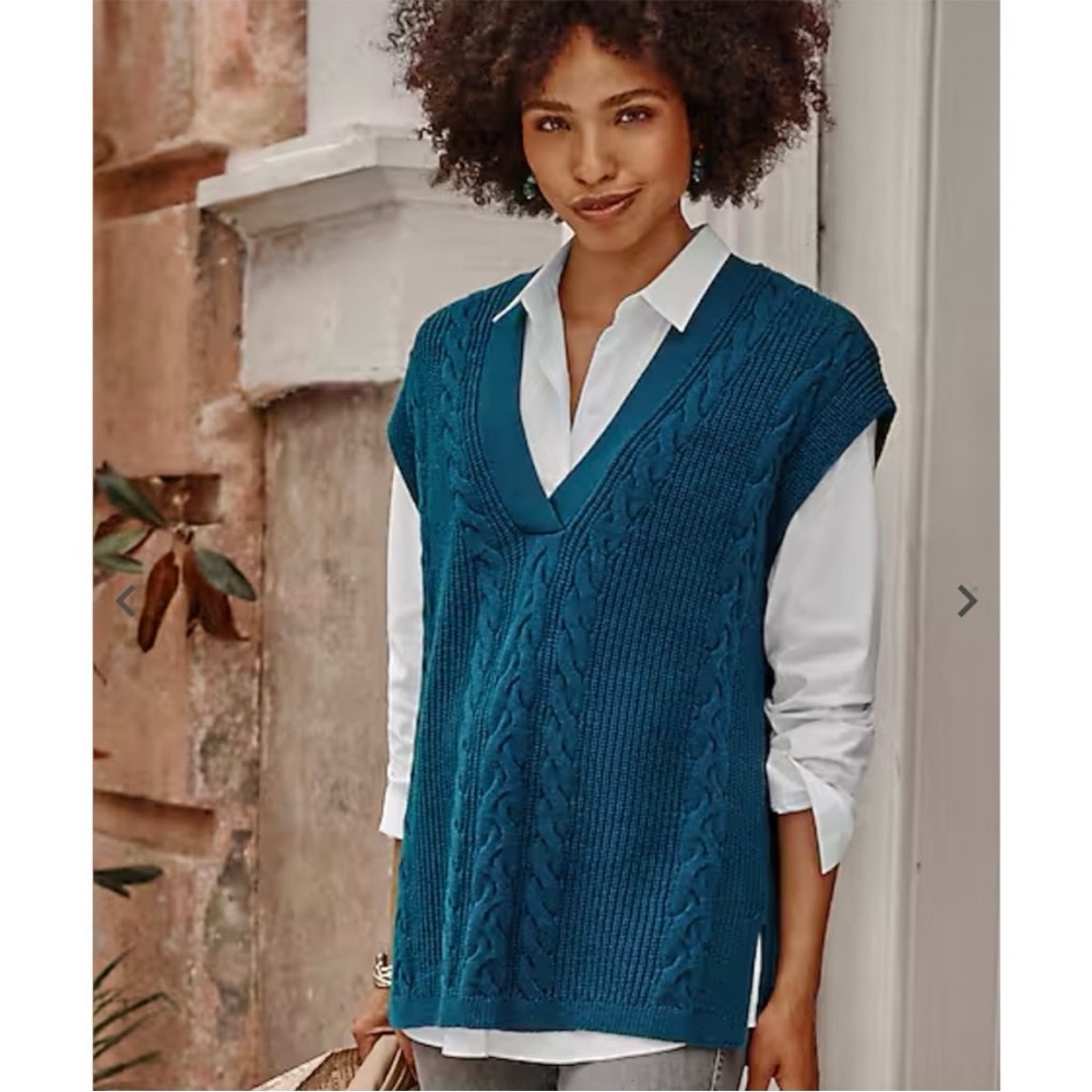 NEW J. JILL Blue Cable Knit V-Neck Sweater Vest